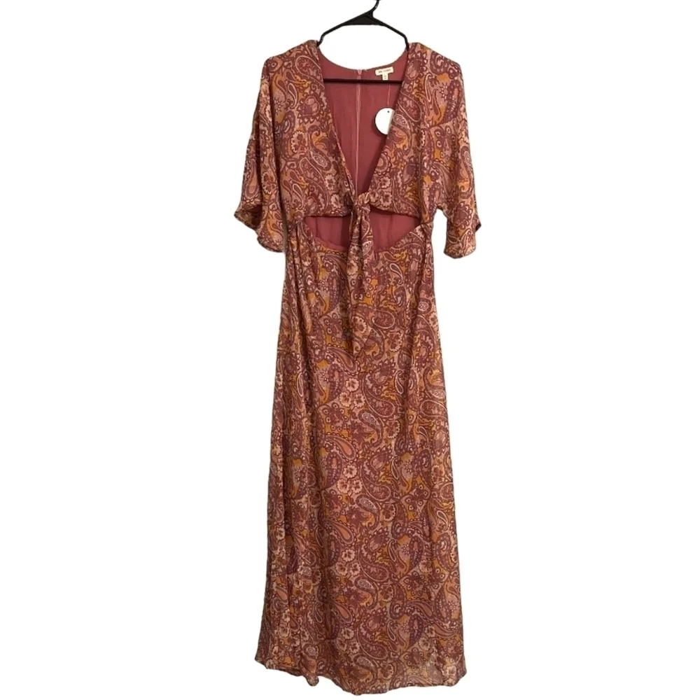 En Crème Tie Front Dusty Pink/Gold Paisley Boho Maxi Dress